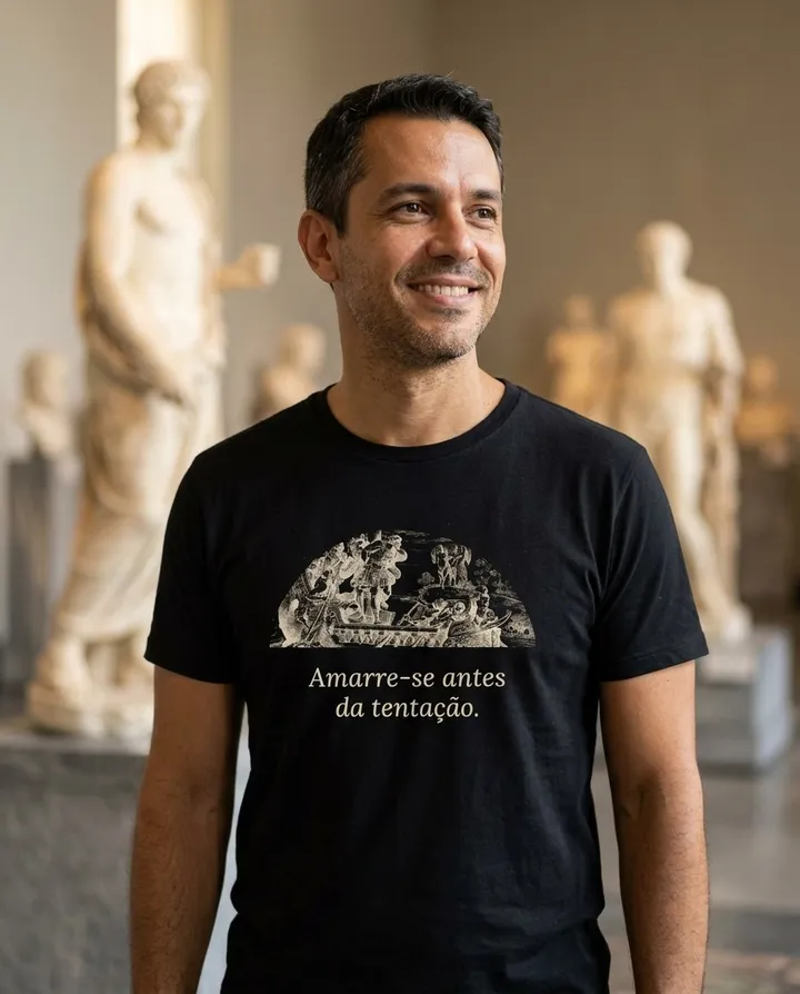 Homem vestindo a camiseta escura com a arte Odisseu no mastro